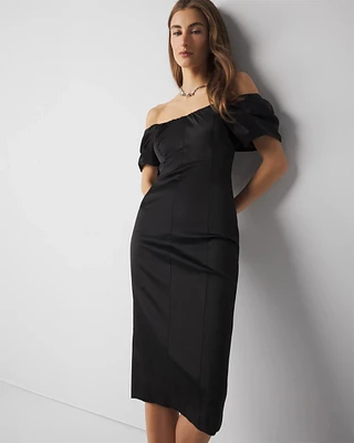 Off-The-Shoulder Satin Midi Dress