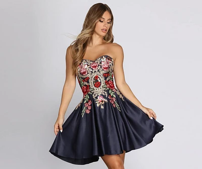 Lexi Embroidered Satin Strapless Dress