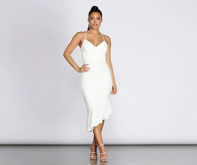 Ellie Asymmetrical Flounce Midi Dress