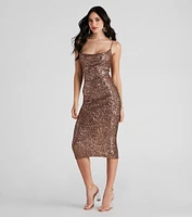 Lillia Formal Cowl Neck Sequin Midi Dress