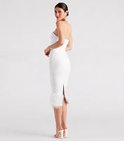 Marina Strapless Crepe Feather Trim Midi Dress