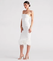 Marina Strapless Crepe Feather Trim Midi Dress