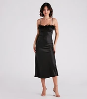 Lizzy Feather Trim Satin Slip Dress