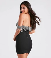 Shaylee Rhinestone Fringe Off-The-Shoulder Dress