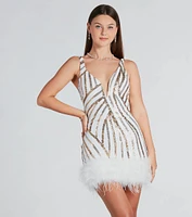 Alissa Sequin Striped Marabou Mini Dress