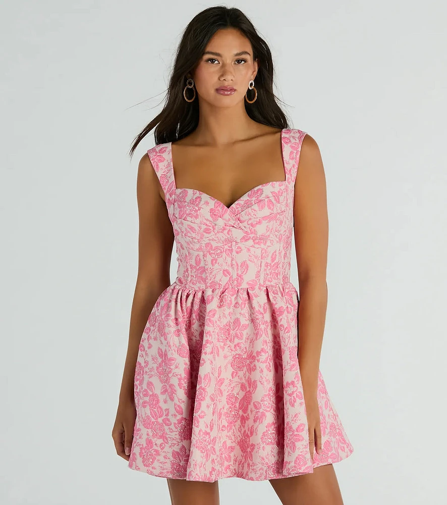 Cassie Corset Floral Jacquard Party Skater Dress