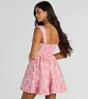 Cassie Corset Floral Jacquard Party Skater Dress