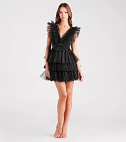 Devon Ruffled Tulle V-Neck Party Dress