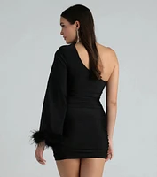 Brielle One-Shoulder Marabou Feather Trim Mini Dress