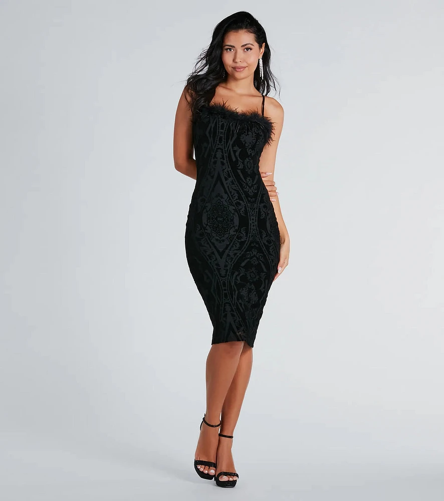 Roselyn Velvet Flocked Mesh Formal Midi Dress