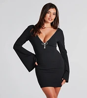 Alaina Rhinestone Trim Bell Sleeve Formal Mini Dress