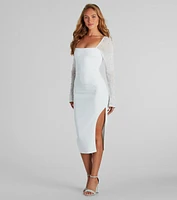 Amy Formal Crepe Faux Pearl Sleeve Midi Dress