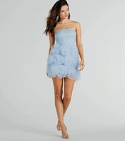 Toni Strapless Corset Rosette Mesh Party Dress