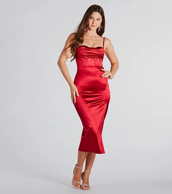 Alena Formal Satin Cowl Neck Midi Dress