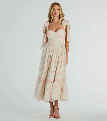 Gretchen Sweetheart Tie Floral Chiffon Midi Dress