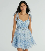 Brynne Formal Floral Mesh Ruffled Skater Dress