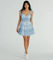 Brynne Formal Floral Mesh Ruffled Skater Dress