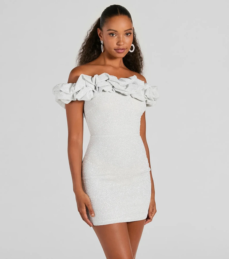 Ember Off-The-Shoulder Ruffle Glitter Party Dress