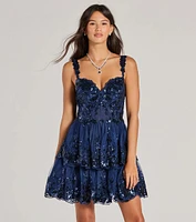 Michelle Corset Sequin Applique Ruffle Skater Dress