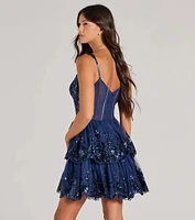 Michelle Corset Sequin Applique Ruffle Skater Dress