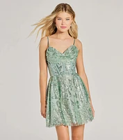 Kyra Glitter Sequin Floral Mesh Skater Dress