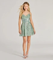 Kyra Glitter Sequin Floral Mesh Skater Dress