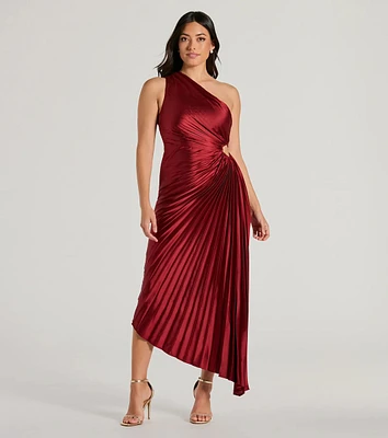 Felicity One-Shoulder Pleated Satin A-Line Midi Dress