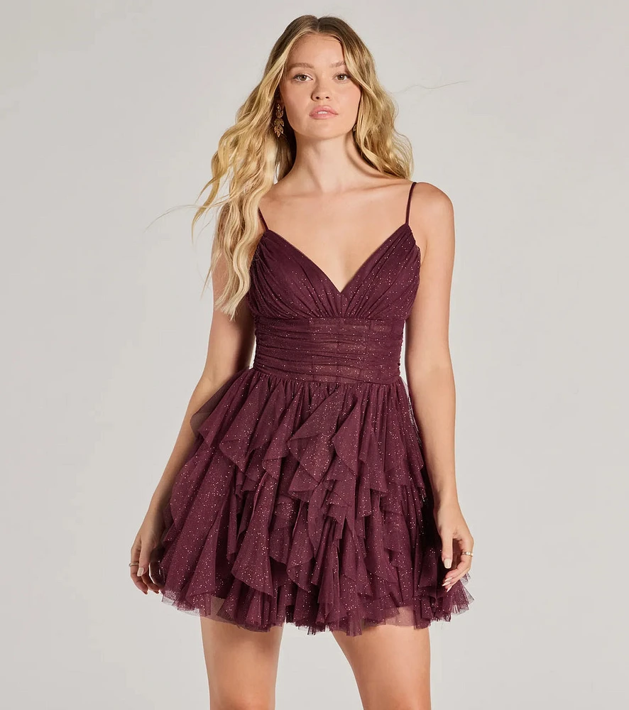 Leanna Ruffle Glitter Mesh Skater Dress