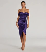 Gaia Satin Off-The-Shoulder Wrap Midi Dress