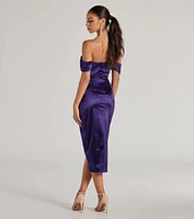 Gaia Satin Off-The-Shoulder Wrap Midi Dress