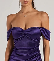 Gaia Satin Off-The-Shoulder Wrap Midi Dress