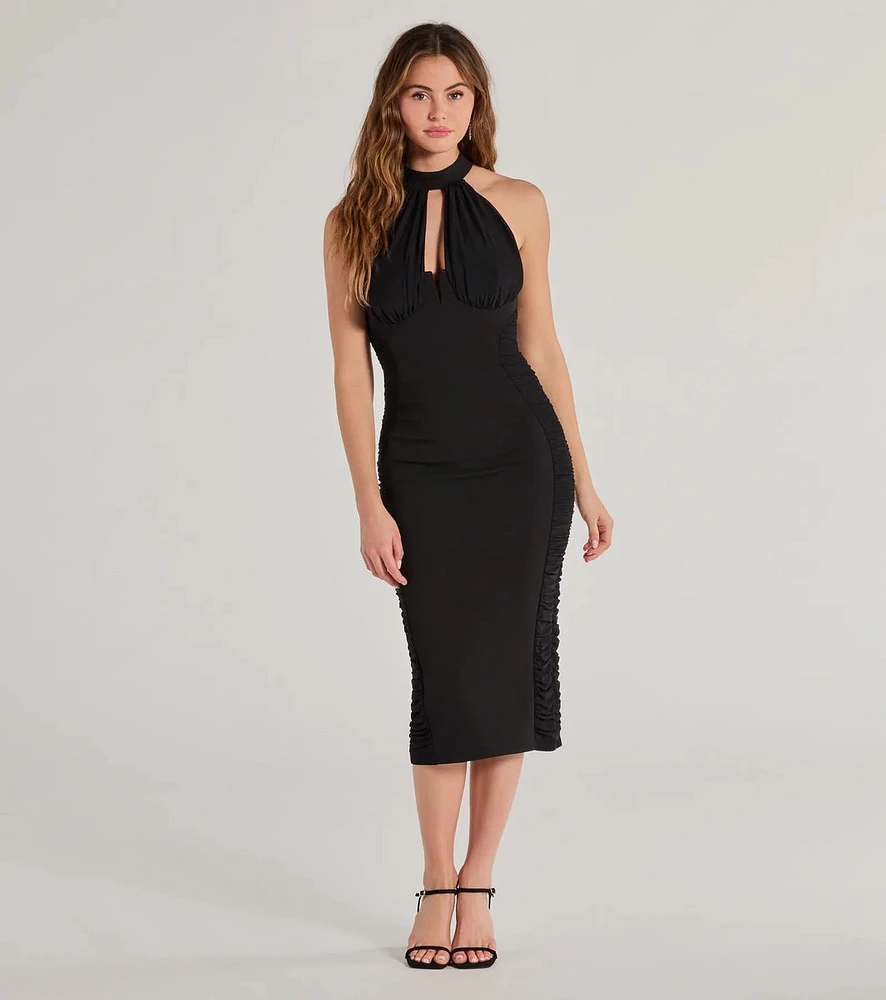 Mina Formal High Neck Ruched Midi Dress