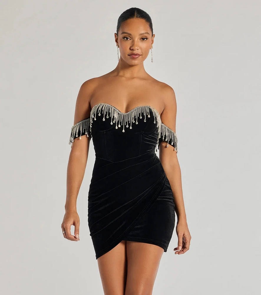 Janie Strapless Rhinestone Fringe Velvet Mini Dress