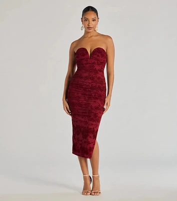 Destiny Strapless Velvet Mesh Midi Dress