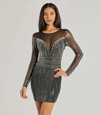 Mischa Sheer Long Sleeve Rhinestone And Faux Pearl Mini Dress