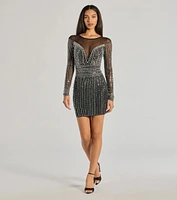 Mischa Sheer Long Sleeve Rhinestone And Faux Pearl Mini Dress