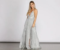 Janica Plunging Glitter A-Line Dress