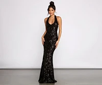 Haven Formal Sequin Scroll Halter Dress