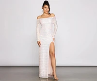 Gracie Formal Off The Shoulder Iridescent Sequin Dress