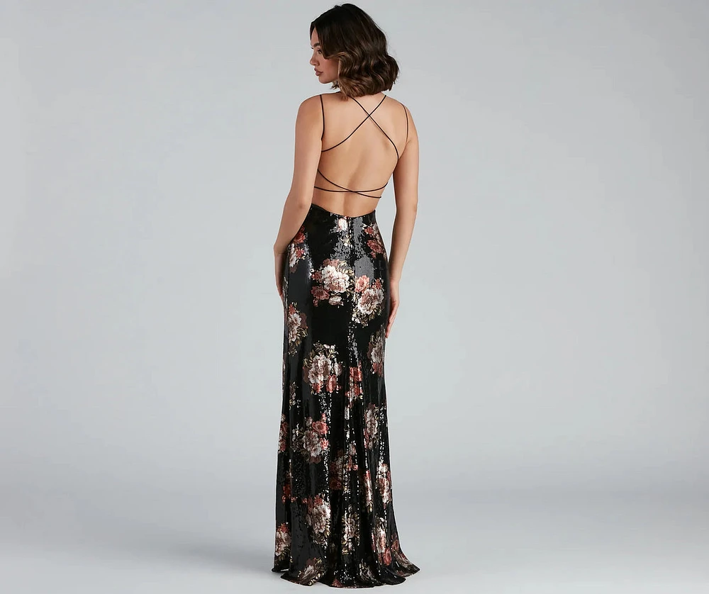 Karissa Sequin Floral High Slit Formal Dress