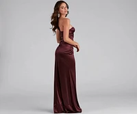 Darlene Formal Satin Wrap Slit Long Dress