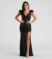 Elle Formal Sequin Feather Long Dress