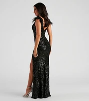 Elle Formal Sequin Feather Long Dress