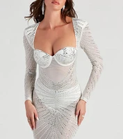 Crystal Iridescent Rhinestone Sheer Formal Dress