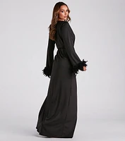 Rochelle Long Sleeve Feather Trim Formal Dress