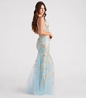 Asypn Sequin Embroidered Mesh Mermaid Dress