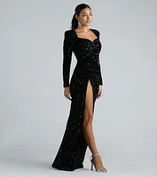 Trina Formal Velvet Sequin Long Sleeve A-Line Dress