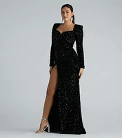 Trina Formal Velvet Sequin Long Sleeve A-Line Dress