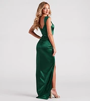 Amora Ruched Satin High Slit Formal Dress