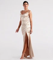 Kaylani Formal Satin Cowl Neck Long Dress